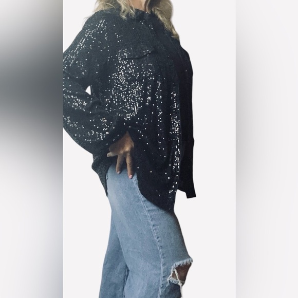 Brand: guess, sequin shirt, color black, size: L - Picture 1 of 16